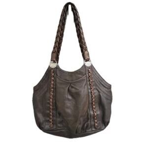 Brighton Leather Shoulder Bag Purse Large Brown Braided Tote Bag Lined Charm